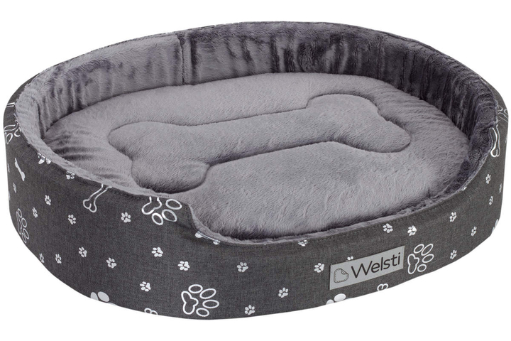 Owalne legowisko kojec dla psa Welsti ciemny szary srebrne kości i łapki XL 80x67 antypoślizgowy