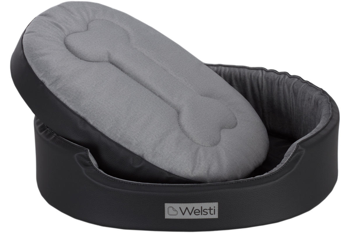 Owalne legowisko kojec dla psa Welsti ciemny szary srebrne kości i łapki XL 80x67 antypoślizgowy