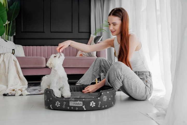 Owalne legowisko kojec dla psa Welsti ciemny szary srebrne kości i łapki M 58x47 antypoślizgowy