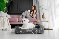 Owalne legowisko kojec dla psa Welsti ciemny szary srebrne kości i łapki M 58x47 antypoślizgowy