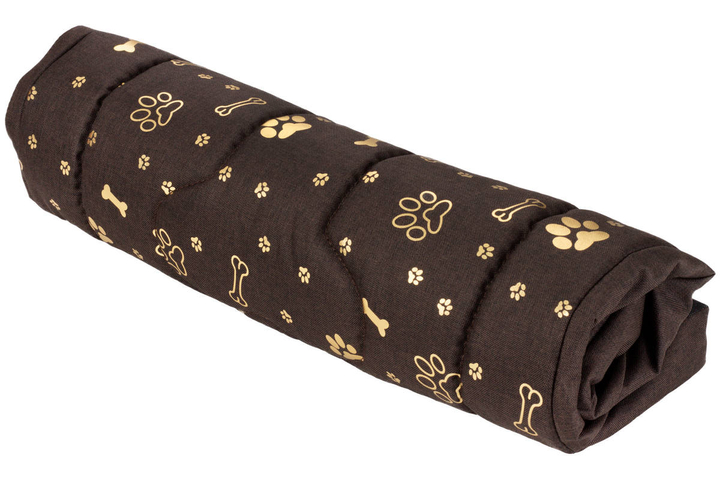 Legowisko materac dla psa Welsti brązowy złote kości i łapki M 70x50 antypoślizgowy