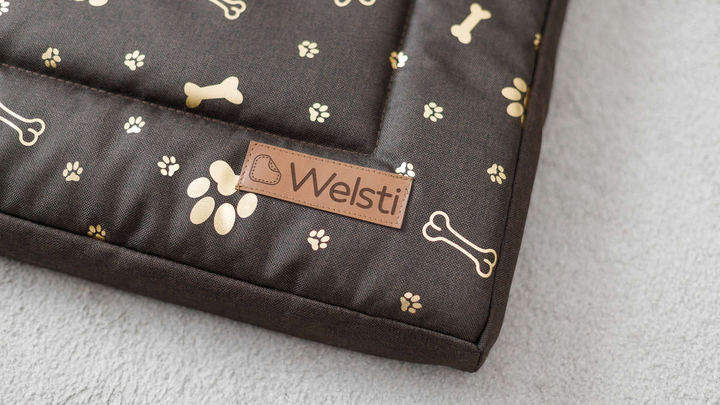 Legowisko materac dla psa Welsti brązowy złote kości i łapki L 100x70 antypoślizgowy