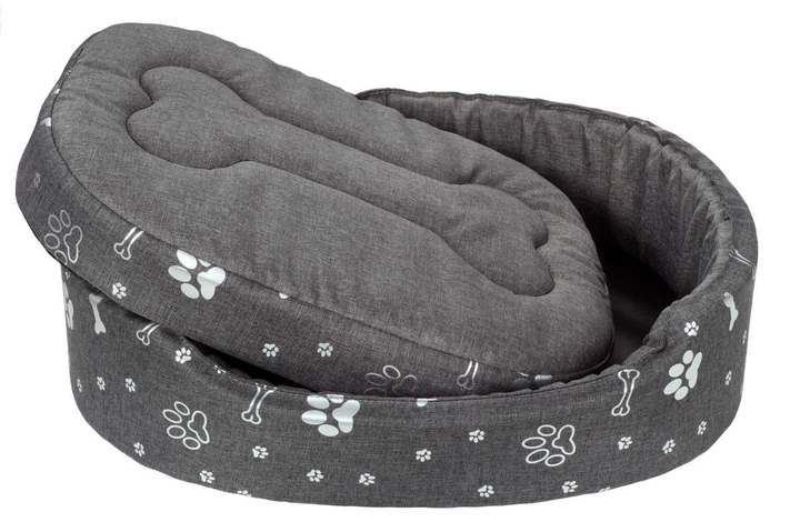Owalne legowisko kojec dla psa Welsti ciemny szary srebrne kości i łapki M 58x47 wigofil