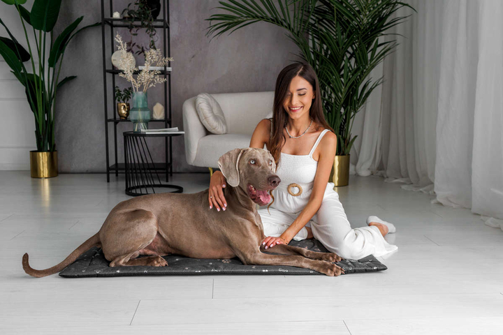 Legowisko mata dla psa Welsti ciemna szara srebrne kości i łapki XL 130x90 antypoślizgowa