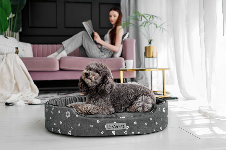 Owalne legowisko kojec dla psa Welsti ciemny szary srebrne kości i łapki L 68x55 wigofil