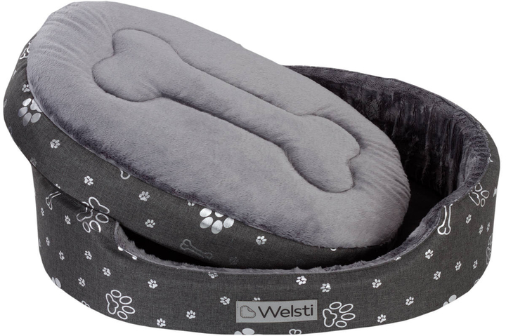 Owalne legowisko kojec dla psa Welsti ciemny szary srebrne kości i łapki L 68x55 wigofil