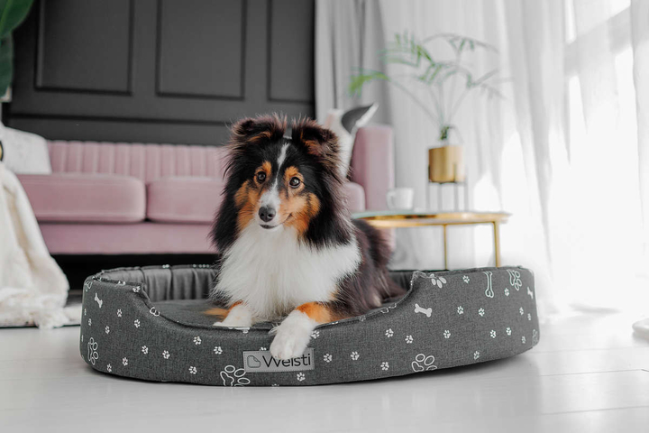 Owalne legowisko kojec dla psa Welsti ciemny szary srebrne kości i łapki XL 80x67 wigofil