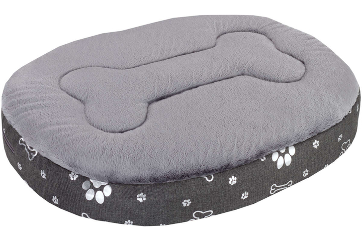 Owalne legowisko kojec dla psa Welsti ciemny szary srebrne kości i łapki XL 80x67 antypoślizgowy