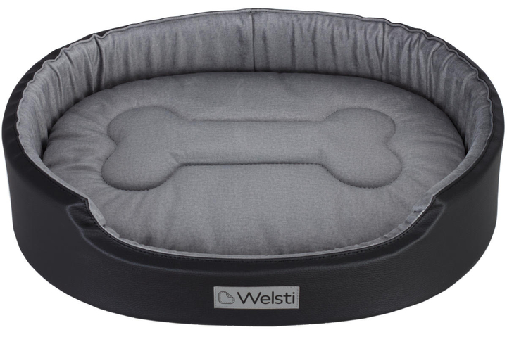 Owalne legowisko kojec dla psa Welsti ciemny szary srebrne kości i łapki XL 80x67 antypoślizgowy