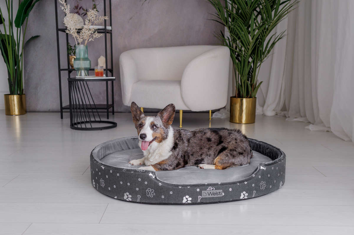 Owalne legowisko kojec dla psa Welsti ciemny szary srebrne kości i łapki XL 80x67 antypoślizgowy