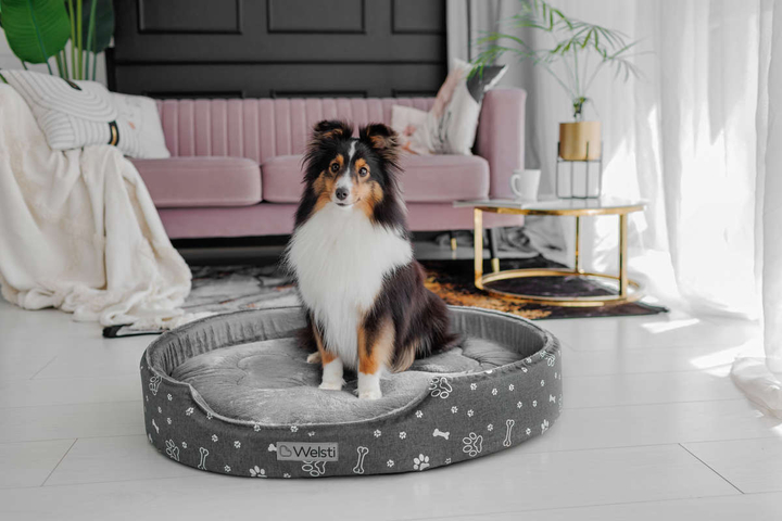 Owalne legowisko kojec dla psa Welsti ciemny szary srebrne kości i łapki XL 80x67 antypoślizgowy